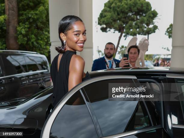 Laura Harrier is seen at the Martinez hotel during the 76th Cannes film festival on May 17, 2023 in Cannes, France.