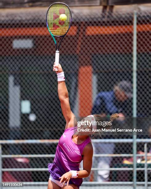 Carolina Alves of Brazil serves during her first round match against Manon Leonard of France during the 2023 ITF World Tennis Tour W60 Saint-Gaudens...