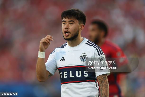 Ryan Raposo of Vancouver Whitecaps FC argues during the MLS game between Vancouver Whitecaps FC and FC Dallas at Toyota Stadium on May 17, 2023 in...