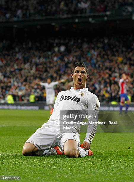 Cristiano Ronaldo of Real Madrid celebrates during the La Liga match between Real Madrid and Real Sporting de Gijon at Estadio Santiago Bernabeu on...