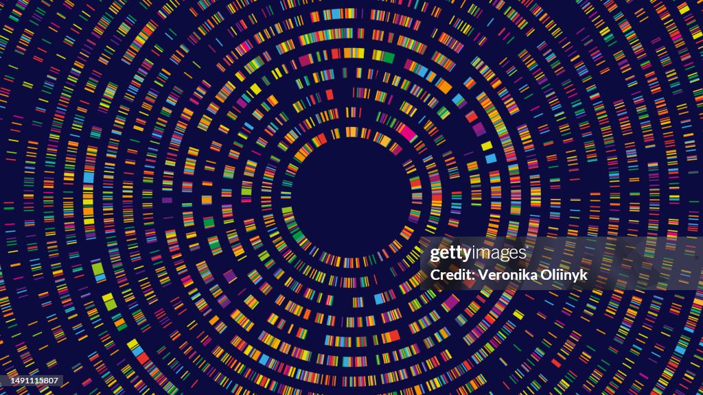 Dna test infographic. Genome sequence map, radial two-dimensional barcoding and abstract big data structure vector concept background illustration
