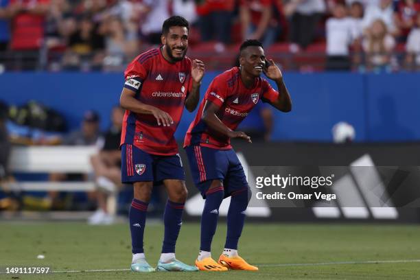 Jesus Ferreira of FC Dallas celebrates with his teammates after scoring his team's first goal during the MLS game between Vancouver Whitecaps FC and...