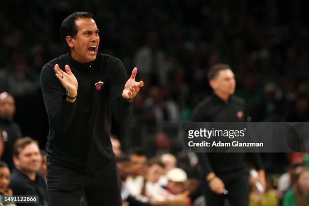 Head coach Erik Spoelstra of the Miami Heat watches action during game one of the Eastern Conference Finals against the Boston Celtics at TD Garden...