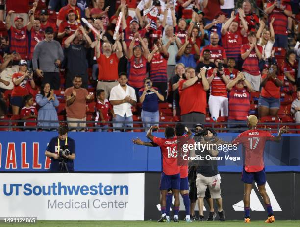 Jesus Ferreira of FC Dallas celebrates with his teammates after scoring the second goal of his team during the MLS game between Vancouver Whitecaps...