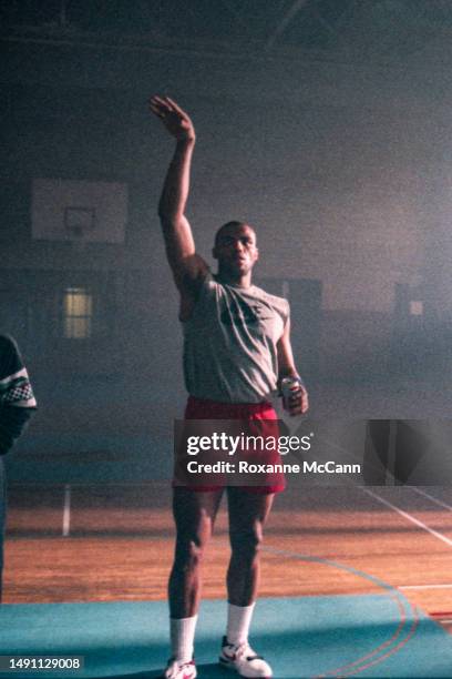 Award-winning professional basketball player Charles Barkley of the Phoenix Suns warms up on the set of the Nike television commercial "I Am Not A...