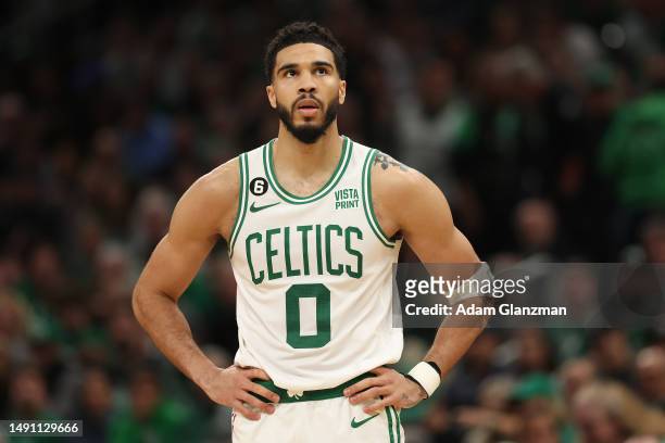 Jayson Tatum of the Boston Celtics walks backcourt during the third quarter of game one of the Eastern Conference Finals against the Miami Heat at TD...