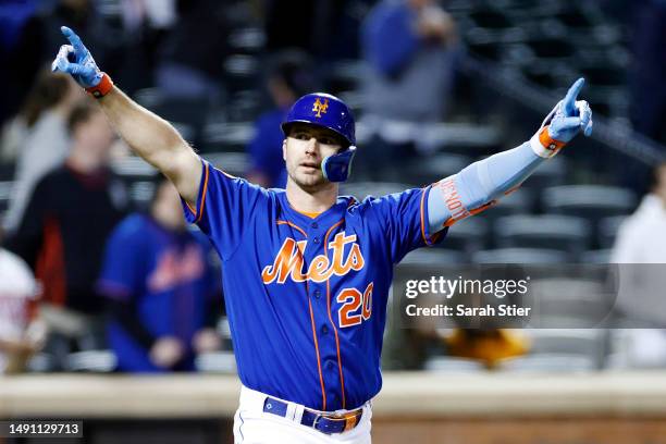 Pete Alonso of the New York Mets reacts after hitting a walk-off three-run home run during the tenth inning against the Tampa Bay Rays at Citi Field...