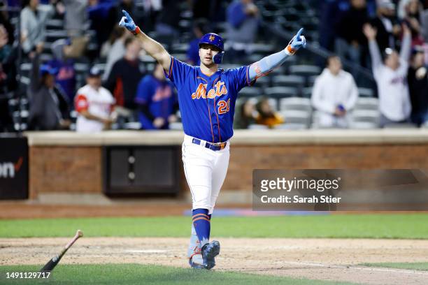 Pete Alonso of the New York Mets reacts after hitting a walk-off three-run home run during the tenth inning against the Tampa Bay Rays at Citi Field...