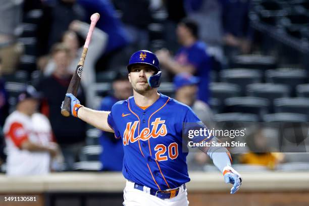 Pete Alonso of the New York Mets reacts after hitting a walk-off three-run home run during the tenth inning against the Tampa Bay Rays at Citi Field...