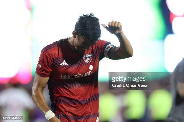 Jose Antonio Martínez of FC Dallas reacts after winning the match against Vancouver Whitecaps FC at Toyota Stadium on May 17, 2023 in Frisco, Texas.
