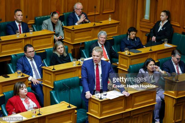 Prime Minister Chris Hipkins speaks during budget day 2023 at Parliament on May 18, 2023 in Wellington, New Zealand. Budget 2023 is the sixth budget...