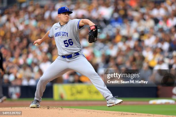 Brad Keller of the Kansas City Royals pitches during the first inning of a game against the San Diego Padres at PETCO Park on May 15, 2023 in San...