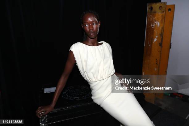 Model poses backstage ahead of the Albus Lumen show during Afterpay Australian Fashion Week 2023 at Carriageworks on May 18, 2023 in Sydney,...