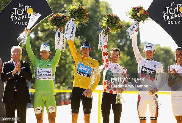 Peter Sagan of Slovakia and Liquigas-Cannondale, Bradley Wiggins of Great Britain and SKY Procycling, yellow jersey winner, Thomas Voeckler of France...