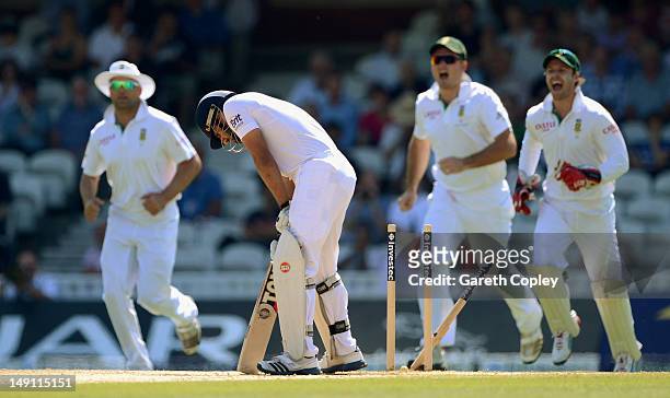 Ravi Bopara of England is bowled by Dale Steyn of South Africa during day five of the 1st Investec Test match between England and South Africa at The...
