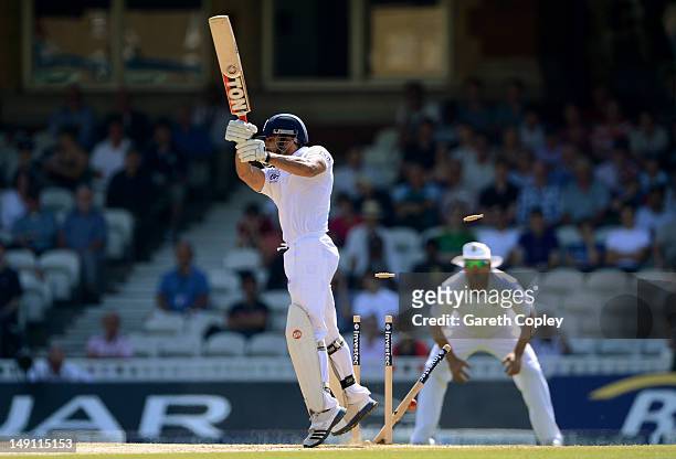 Ravi Bopara of England is bowled by Dale Steyn of South Africa during day five of the 1st Investec Test match between England and South Africa at The...