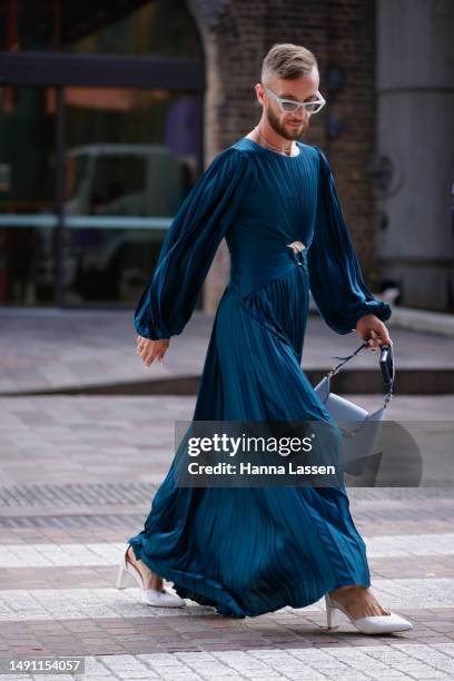 Jamie Azzopardi wearing ocean blue Acler maxi dress at Afterpay Australian Fashion Week 2023 at Carriageworks on May 18, 2023 in Sydney, Australia.