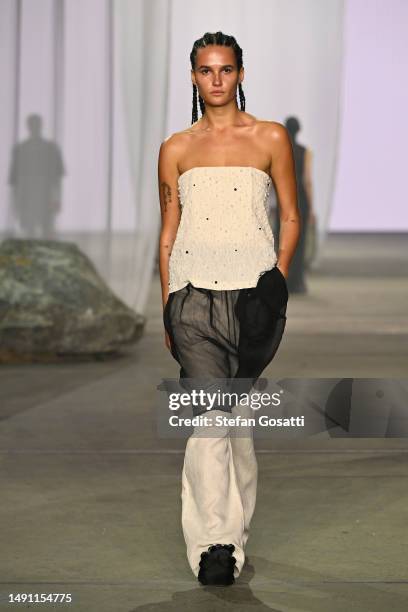 Model walks the runway during the Albus Lumen show during Afterpay Australian Fashion Week 2023 at Carriageworks on May 18, 2023 in Sydney, Australia.