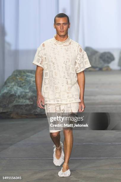 Model walks the runway during the Albus Lumen show during Afterpay Australian Fashion Week 2023 at Carriageworks on May 18, 2023 in Sydney, Australia.