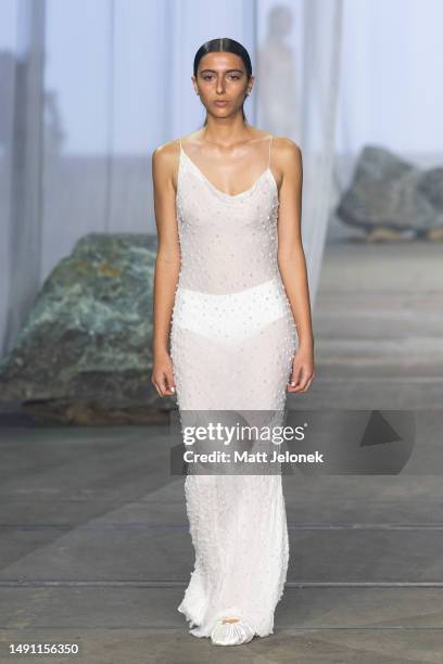 Model walks the runway during the Albus Lumen show during Afterpay Australian Fashion Week 2023 at Carriageworks on May 18, 2023 in Sydney, Australia.