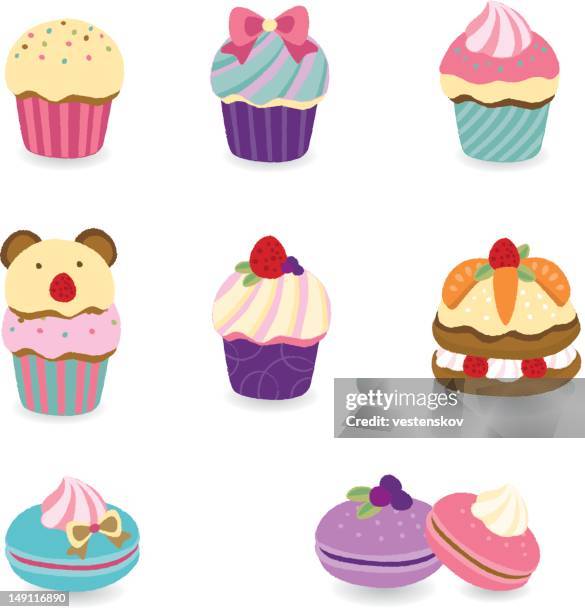 bunte desserts-cupcake, makronen, layer cake - macaroon stock-grafiken, -clipart, -cartoons und -symbole