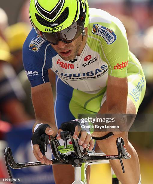 Vincenzo Nibali of Italy and Liquigas-Cannondale crosses the finish line during stage nineteen of the 2012 Tour de France, a 53.5km time trial from...