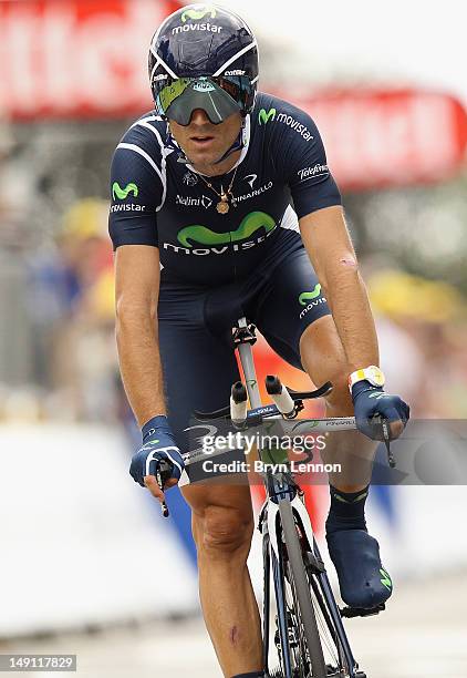 Alejandro Valverde of Spain and Movistar Team crosses the finish line during stage nineteen of the 2012 Tour de France, a 53.5km time trial from...