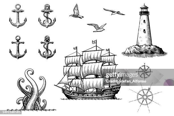 illustrazioni stock, clip art, cartoni animati e icone di tendenza di set di disegni vettoriali relativi alla vela - ancora