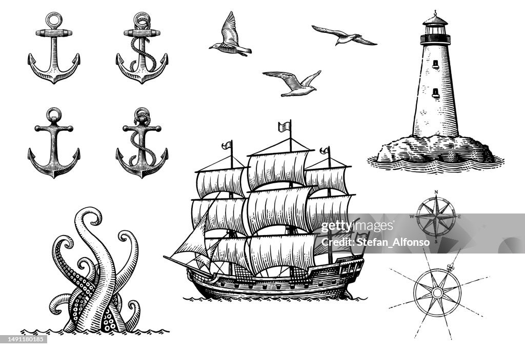 Set of vector drawings related to sailing