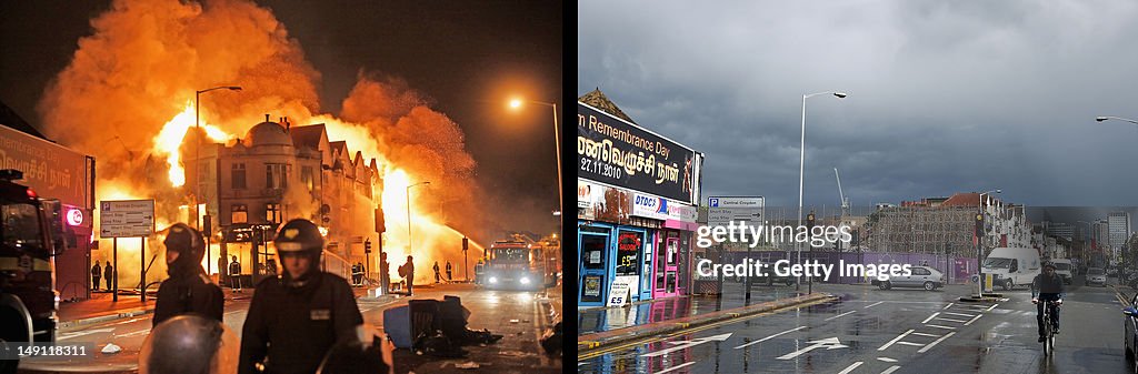 Croydon Riot Fire In this composite image Firefighters battle a large fire that broke ...