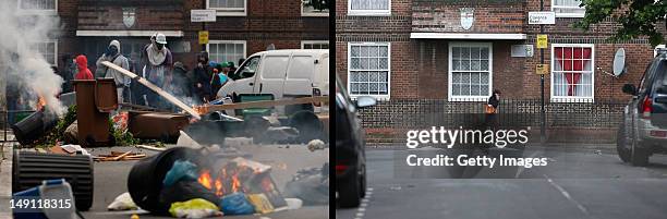 In this composite image Rioters set fire to barricades they constructed in Goulton Road, Hackney on August 8, 2011 in London, England. Daily life in...