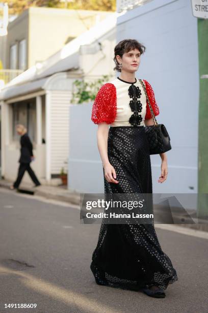Chloe Hill wearing Macgraw maxi dress outside the Macgraw presentation at Afterpay Australian Fashion Week 2023 at Carriageworks on May 18, 2023 in...