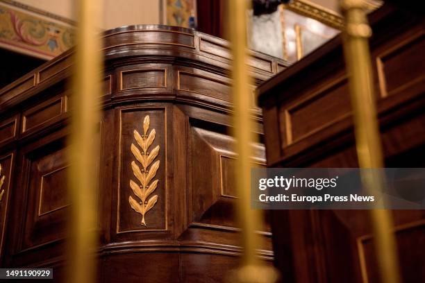 View of a rostrum in the Congress of Deputies, on 18 May, 2023 in Madrid, Spain. The Plenary of the Congress today concludes the processing of the...