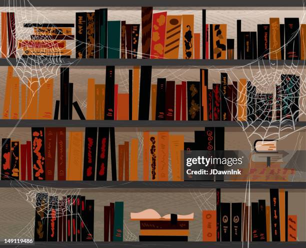 halloween themed book library with cobwebs - bookcase stock illustrations