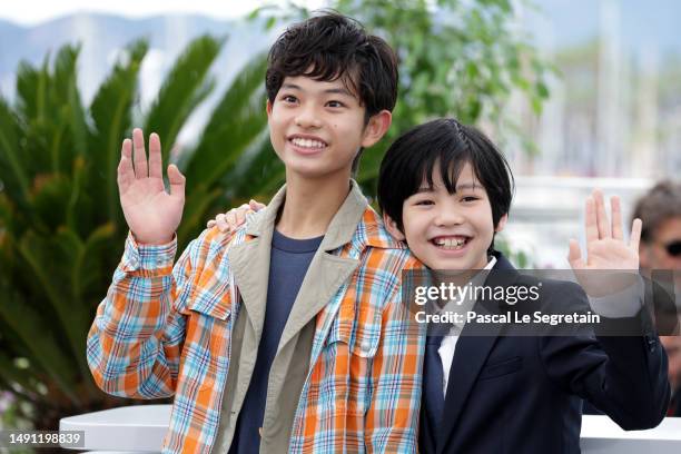 Kurokawa Soya and Hinata Hiiragi attend the "Monster" photocall at the 76th annual Cannes film festival at Palais des Festivals on May 18, 2023 in...
