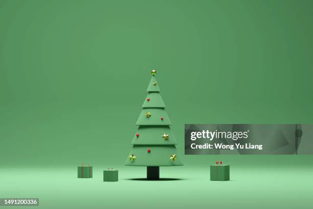 christmas tree with background 3d render - snow globe stock-fotos und bilder