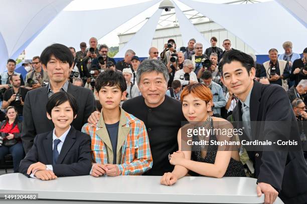 Hinata Hiiragi, Sakamoto Yuji, Kurokawa Soya, Hirokazu Kore-eda, Sakura Andō and Eita Nagayama attend the "Monster" photocall at the 76th annual...
