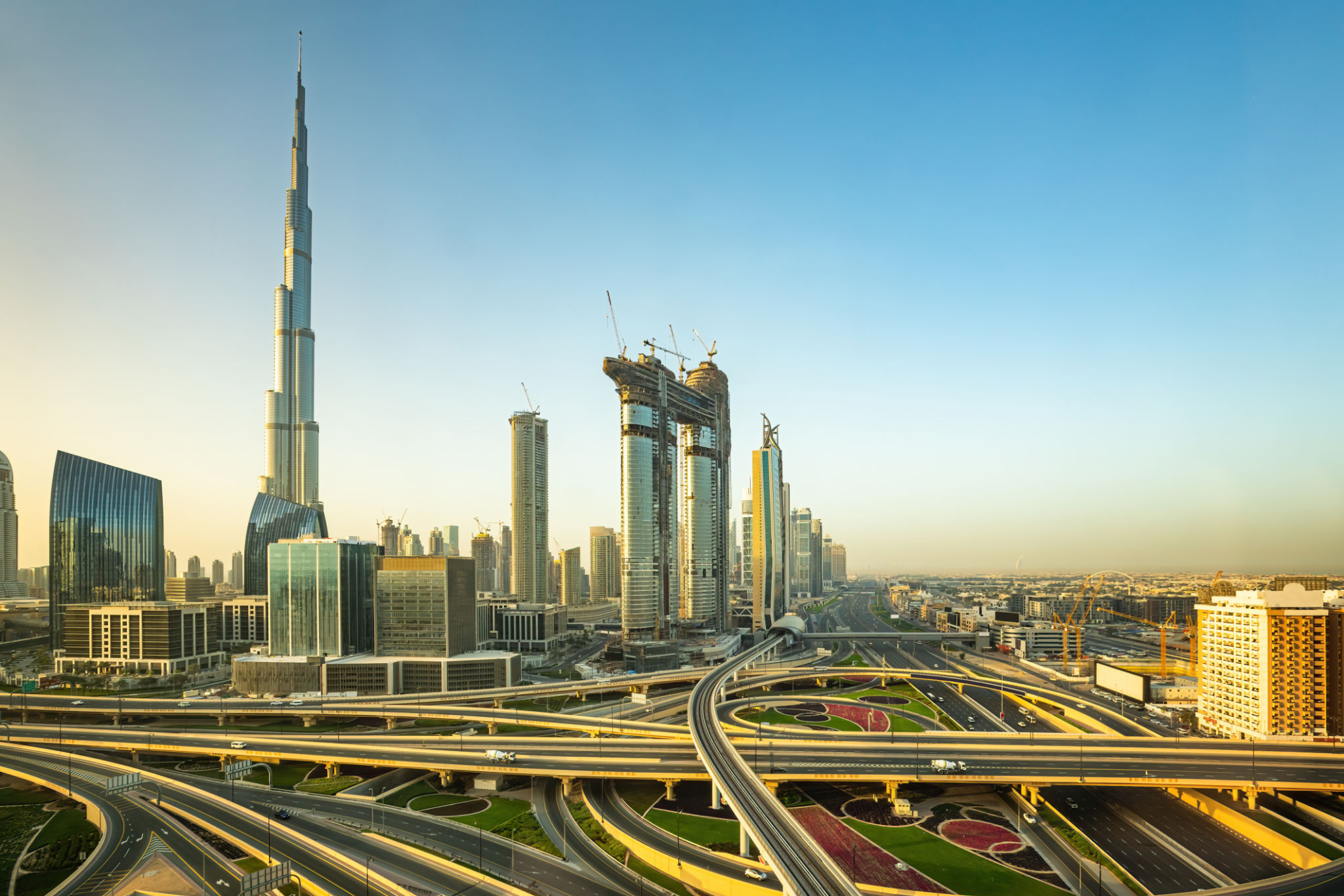 Modern skyscrapers and roads in Dubai, United Arab Emirates Modern skyscrapers and roads in Dubai, United Arab Emirates