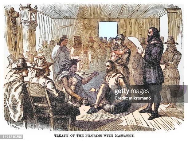 old engraved illustration of the pilgrim-wampanoag peace treaty between plymouth colony governor john carver and wampanoag chief massasoit (1621 ce.) - colonialism stock pictures, royalty-free photos & images