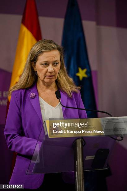 The Government Delegate against Gender Violence, Victoria Rosell, during a press conference at the Ministry's headquarters on May 18 in Madrid,...