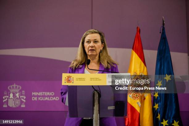 The Government Delegate against Gender Violence, Victoria Rosell, during a press conference at the Ministry's headquarters on May 18 in Madrid,...