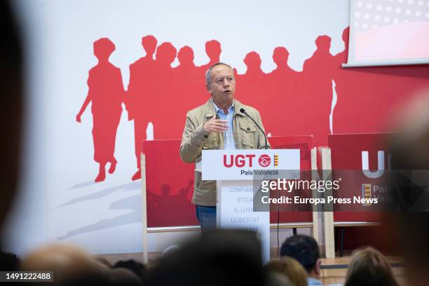 The secretary general of UGT-PV, Ismael Saez, speaks at an assembly of delegates of UGT-Pais Valenciano, at the headquarters of the union, on 18 May,...