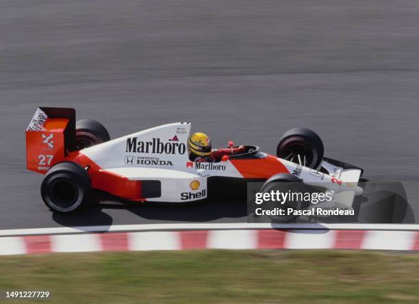 Ayrton Senna from Brazil drives the Honda Marlboro McLaren McLaren MP4/5B Honda RA109E V10 during practice for the Formula One Fuji Television...