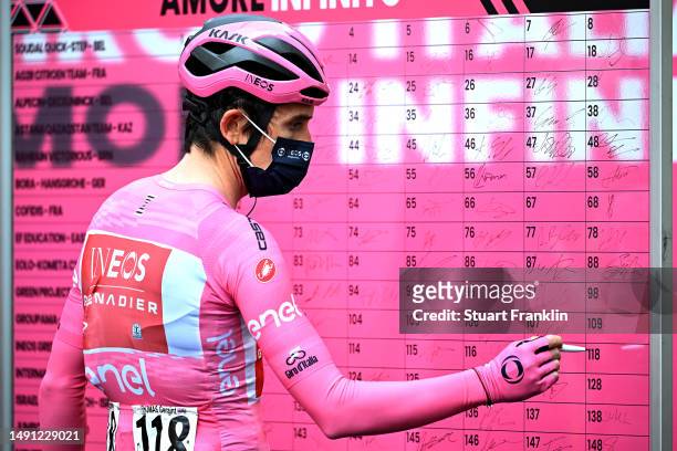 Geraint Thomas of The United Kingdom and Team INEOS Grenadiers - Pink Leader Jersey signing prior to the 106th Giro d'Italia 2023, Stage 12 a 185km...