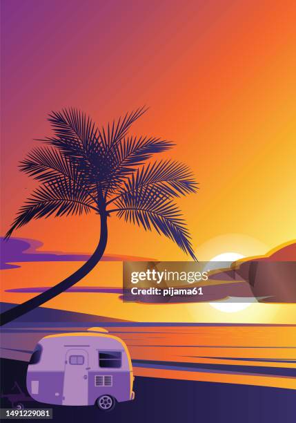 illustration of sunset tropical beach natural scenery - mobile home illustration stock illustrations