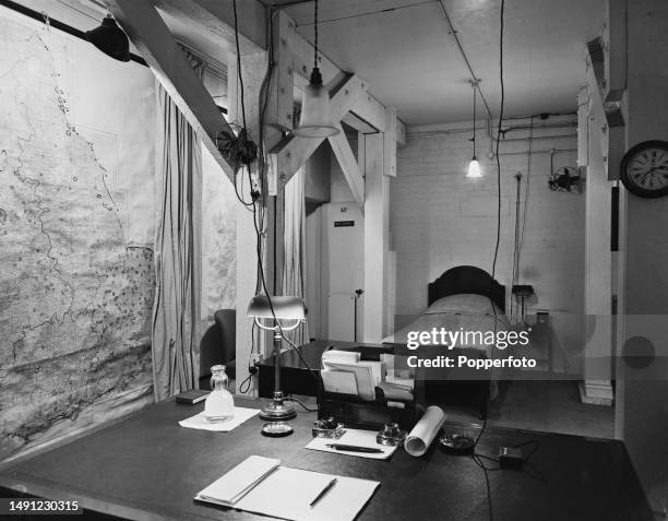 View inside Winston Churchill's office-bedroom, where the Prime Minister would work, broadcast from and, occasionally sleep, during World War II,...