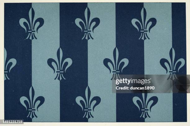 elaborate patterns, fleur-de-lis on striped background, diaper pattern, victorian polychrome, history decorative arts - fleur de lys stock illustrations