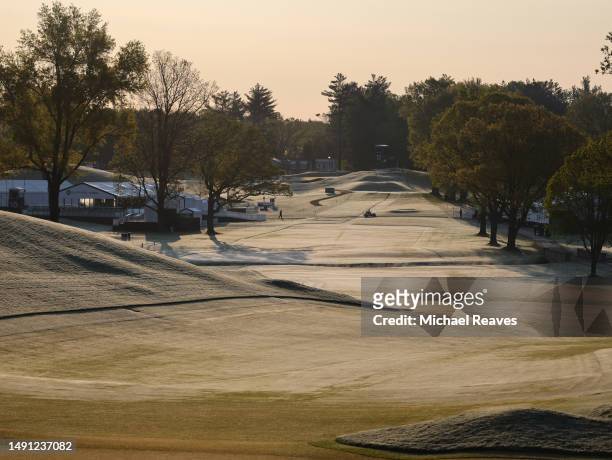 General view of the 13th hole during a frost delay prior to the first round of the 2023 PGA Championship at Oak Hill Country Club on May 18, 2023 in...