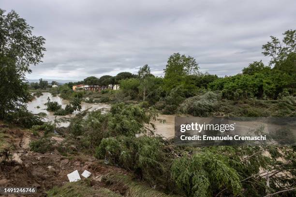 General view of the river Lamone on May 18, 2023 in Faenza, Italy. Nine people have died and thousands have been evacuated from their homes after...
