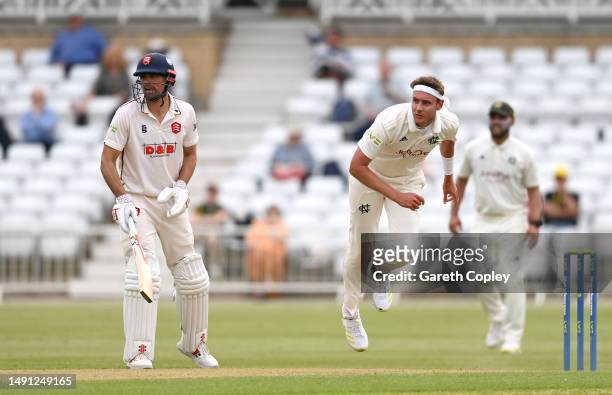 Stuart Broad of Nottinghamshire bowls alongside Alastair Cook of Essex during the LV= Insurance County Championship Division 1 match between...